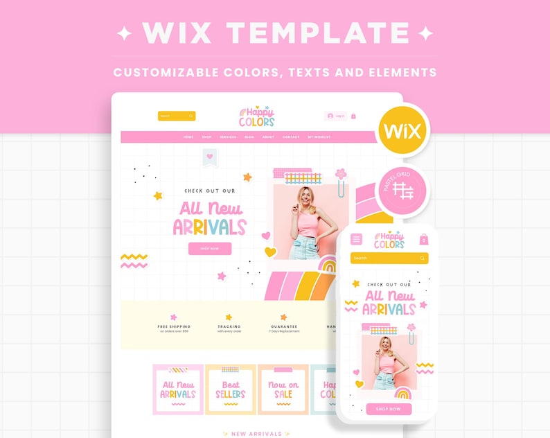 May include: A Wix website template featuring a pastel color palette with pink, yellow, and white accents. The layout includes a header with the text Happy Colors, a section titled All New Arrivals, and various graphic elements like stars and hearts.