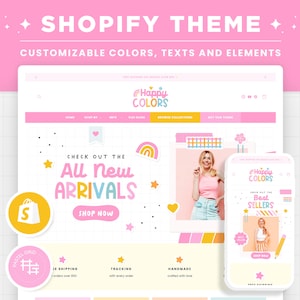 Shopify Theme Rainbow Bright Happy Colors Customizable Shopify Template Editable Canva Banners Retro Design Pink Orange Blue Shop Design HPC
