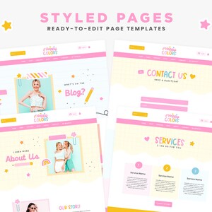 May include: A collection of four website page templates titled Styled Pages Ready-to-Edit Page Templates. The designs feature a grid background, pink headers, and the Happy Colors logo. Sections include Blog, Contact Us, About Us, and Services with placeholder text.