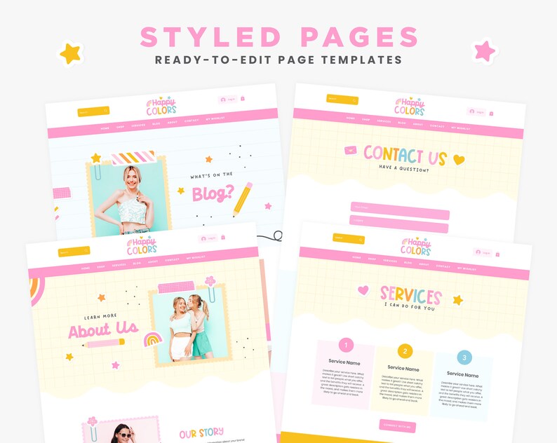 May include: A collection of four website page templates titled Styled Pages Ready-to-Edit Page Templates. The designs feature a grid background, pink headers, and the Happy Colors logo. Sections include Blog, Contact Us, About Us, and Services with placeholder text.