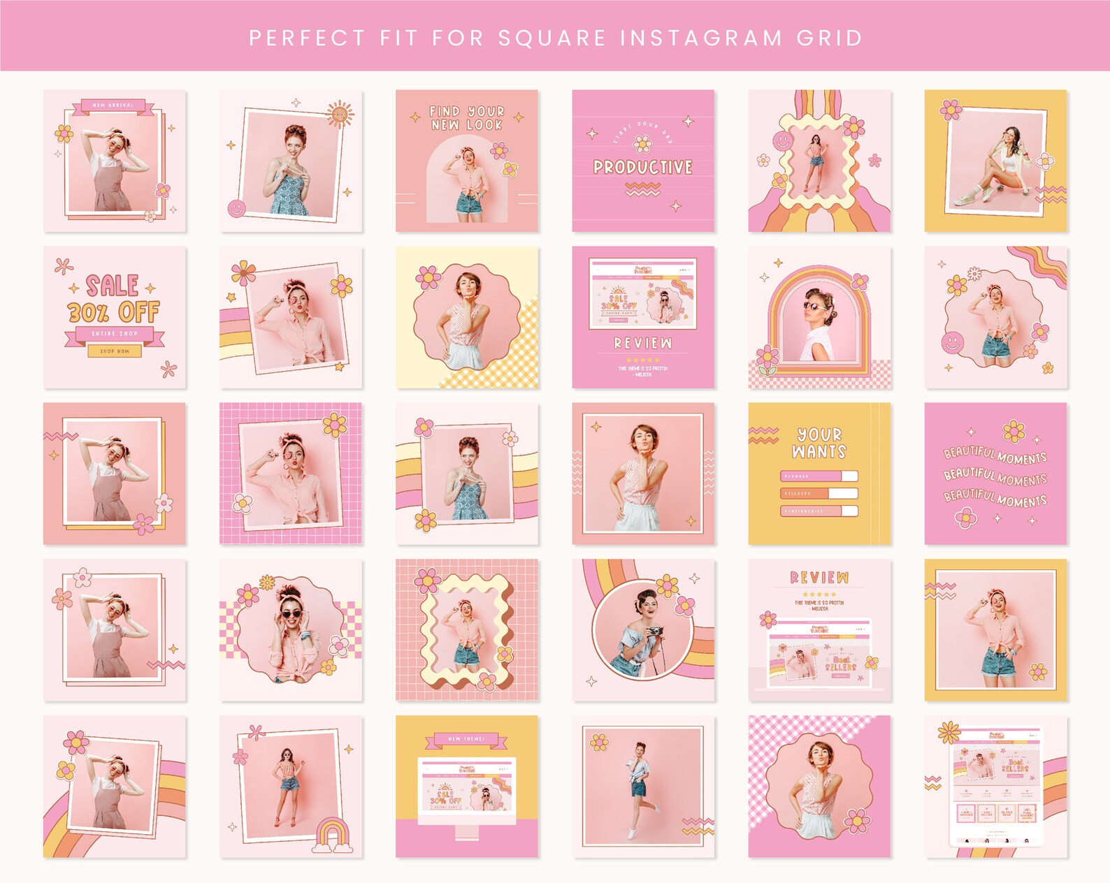 Instagram Posts Template Pastel Pink Groovy Rainbow Bundle in Square ...