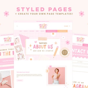 Puede incluir: Una plantilla de dise&ntilde;o de sitio web rosa y blanco con el texto "Peachy Prints Stationeries" y "Styled Pages + Create Your Own Page Templates!"  El dise&ntilde;o del sitio web incluye una p&aacute;gina "Contact Us", una p&aacute;gina "About Us" y una p&aacute;gina "Shop By".