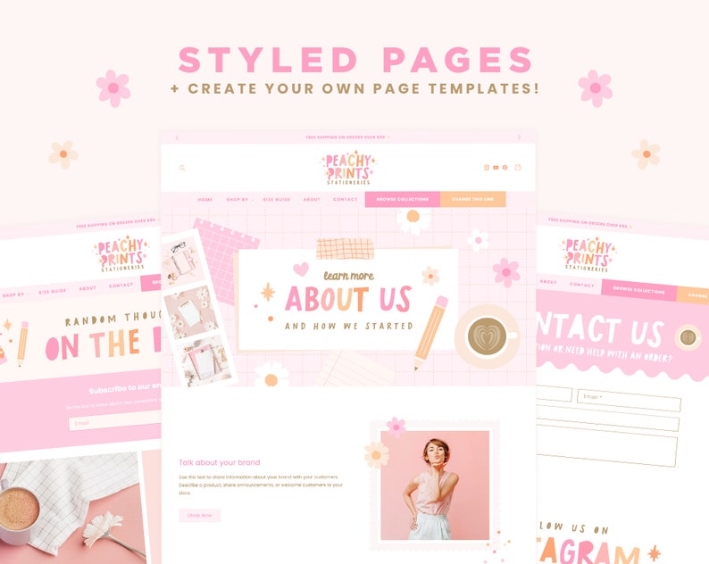 Puede incluir: Una plantilla de dise&ntilde;o de sitio web rosa y blanco con el texto "Peachy Prints Stationeries" y "Styled Pages + Create Your Own Page Templates!"  El dise&ntilde;o del sitio web incluye una p&aacute;gina "Contact Us", una p&aacute;gina "About Us" y una p&aacute;gina "Shop By".