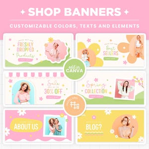 Può includere: Sei banner per negozi colorati con motivi floreali e testo. I banner presentano il testo "Prodotti appena arrivati", "Bestseller", "Sconto 30%", "Collezione primavera", "Chi siamo" e "Blog?".