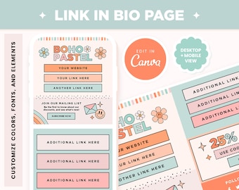 Link in Bio Canva Editable Template  in Boho Pastel Rainbow Colors - Instagram Link Landing Page - Cute and Colorful Page Design - BPT