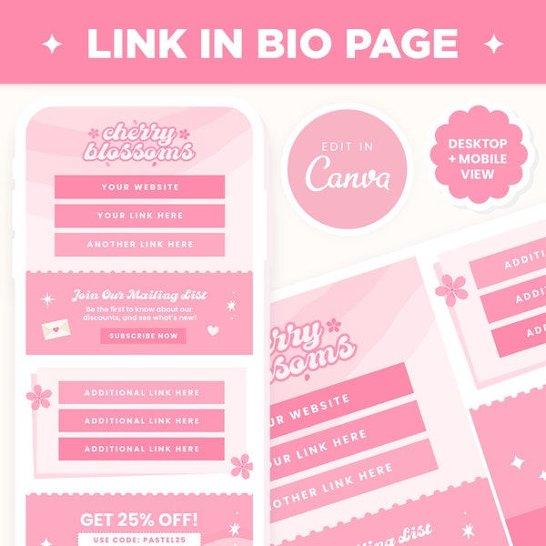 Link in Bio Canva Editable Template  in Cherry Blossoms Sakura Pink - Instagram Link Landing Page - Colorful Girly Link in Bio Page Design