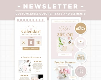 Puede incluir: Una plantilla de boletín rosa y blanco con una cuenta regresiva de calendario para una venta. La plantilla presenta un anuncio de venta con hasta un 30% de descuento, reseñas de productos y características de los productos. El texto "Mark Your Calendar!" se muestra en un cuadro dorado con un icono de flor. El texto "Sale! Get up to 30% Off" se muestra en un cuadro rosa con un icono de flor. El texto "Product Reviews" se muestra en un cuadro rosa con un icono de estrella. El texto "Product Features" se muestra en un cuadro rosa con un icono de flor. El texto "Edit in Canva" se muestra en un cuadro dorado con un icono de flor.