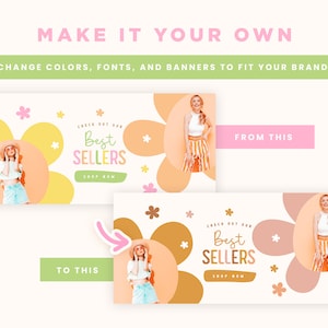 Shopify-thema Lente Kleurrijk Aanpasbare kleuren Shopify-sjabloon Bewerkbare Canva-banners Winkel Vrouwelijk Helder Esthetisch Pastelontwerp afbeelding 6