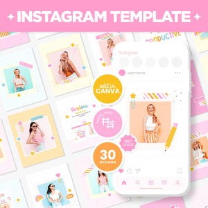 Instagram Posts Template Pastel Groovy Rainbow Colors Bundle in Square Portrait Story Canva Editable Pink Orange Cute Social Media - HPC