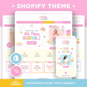 Può includere: Un modello di sito web con tema Shopify caratterizzato da una tavolozza di colori pastello con accenti rosa, gialli e blu. Il layout mostra il testo Happy Colors, All New Arrivals e Shop Now, insieme a vari elementi grafici come stelle e cuori.