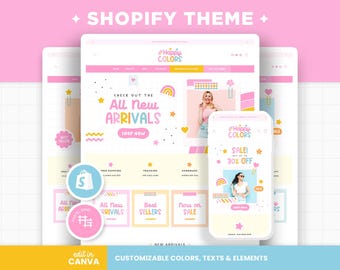 Shopify Theme Rainbow Bright Happy Colors Customizable Shopify Template Editable Canva Banners Retro Design Pink Orange Blue Shop Design HPC