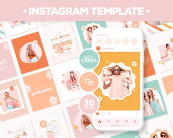 Instagram Posts Template Groovy Boho Pastel Bundle in Square Portrait Stories Canva Editable Pink Orange Cute Social Media Templates - GVB