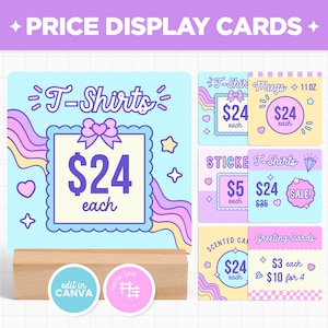 Modelo de cartão de exposição de preços editável do Canva em roxo, rosa, azul, arco-íris, bonito, estético, personalizável, modelo de loja pop-up - CTD