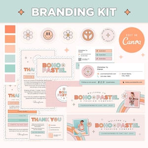 Branding Kit Boho Pastel Groovy Aesthetic Canva Template Editable Business Card Thank You Facebook Pinterest Instagram Highlight Youtube