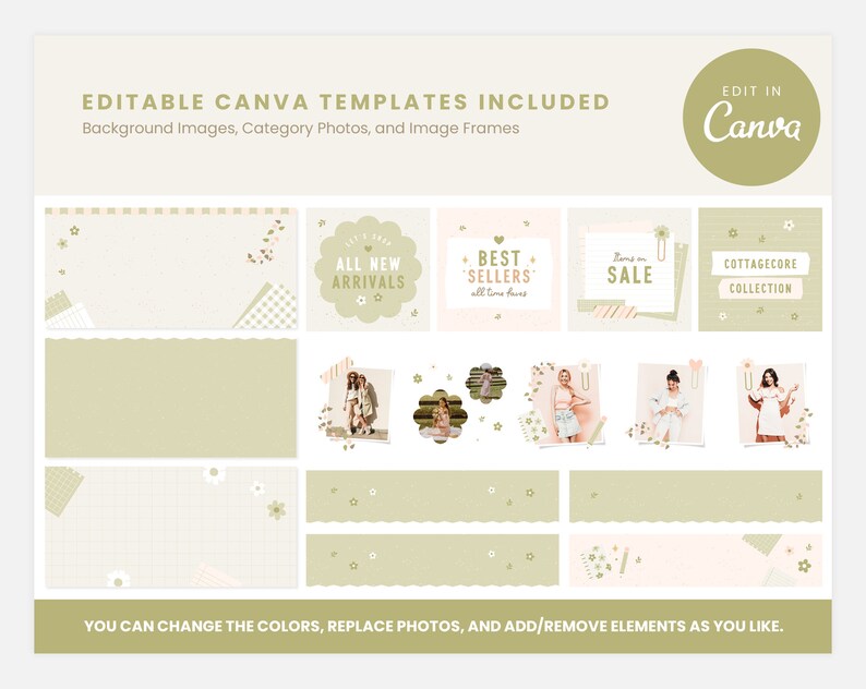May include: Editable Canva templates for social media featuring a cottagecore aesthetic. The templates include background images, category photos, and image frames. The templates feature a light green and pink color scheme with floral accents. The text on the templates includes "All New Arrivals", "Best Sellers", "Sale", and "Cottagecore Collection".