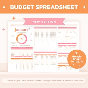 Budget Spreadsheet in Pink Peach Orange Colors, Digital Budget Planner, Annual Monthly Budget Google Sheet Template, Savings, Debt Payment