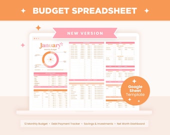 Budget Spreadsheet in Pink Peach Orange Colors, Digital Budget Planner, Annual Monthly Budget Google Sheet Template, Savings, Debt Payment