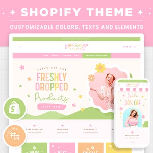 Shopify-thema Lente Kleurrijk Aanpasbare kleuren Shopify-sjabloon Bewerkbare Canva-banners Winkel Vrouwelijk Helder Esthetisch Pastelontwerp afbeelding 1
