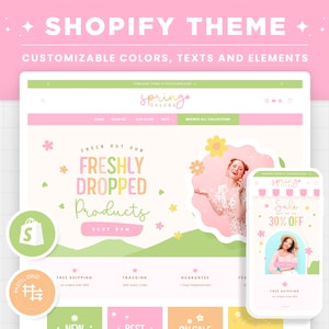 Shopify Theme Spring Colorful Customizable Colors Shopify Template Editable Canva Banners Shop Feminine Bright Aesthetic Pastel Design - SCO