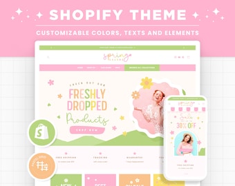 Shopify Theme Spring Colorful Customizable Colors Shopify Template Editable Canva Banners Shop Feminine Bright Aesthetic Pastel Design