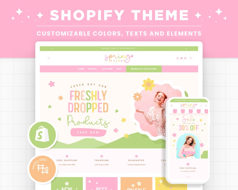 Shopify-thema Lente Kleurrijk Aanpasbare kleuren Shopify-sjabloon Bewerkbare Canva-banners Winkel Vrouwelijk Helder Esthetisch Pastelontwerp afbeelding 1
