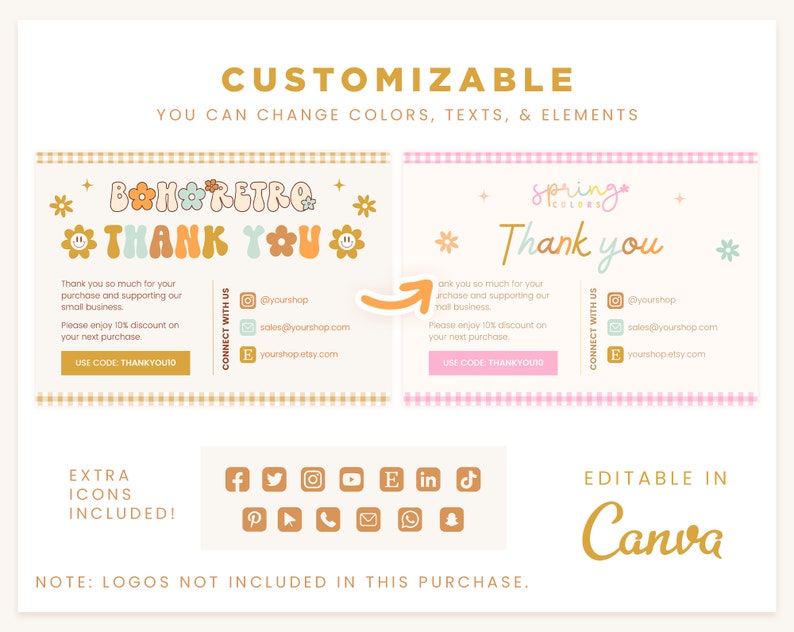 Thank You Card Template Editable in Canva, Boho Groovy Beige Rainbow ...