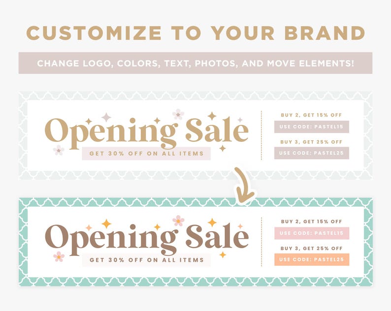 May include: A graphic advertising an "Opening Sale" with the text "CUSTOMIZE TO YOUR BRAND". The image shows details about discounts and promotional codes, with a light color palette and decorative font.