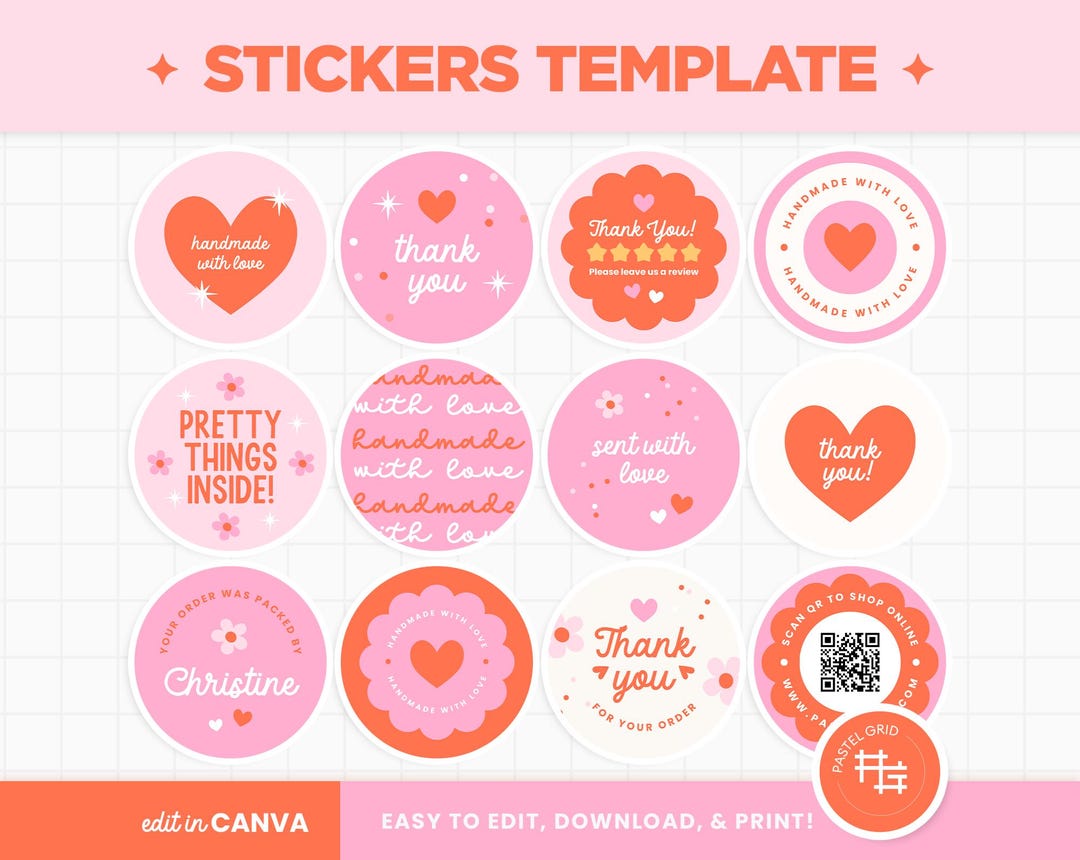 Stickers for Packaging Editable Canva Template in Pink Red Hearts ...