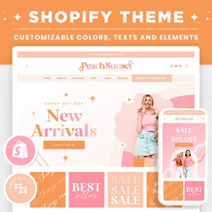 Shopify Theme Pink Peach Orange Customizable Colors Shopify Template Editable Canva Banners Boutique Feminine Aesthetic Shopify Theme Design