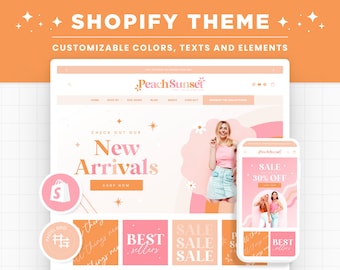 Shopify Theme Pink Peach Orange Customizable Colors Shopify Template Editable Canva Banners Boutique Feminine Aesthetic Shopify Theme Design