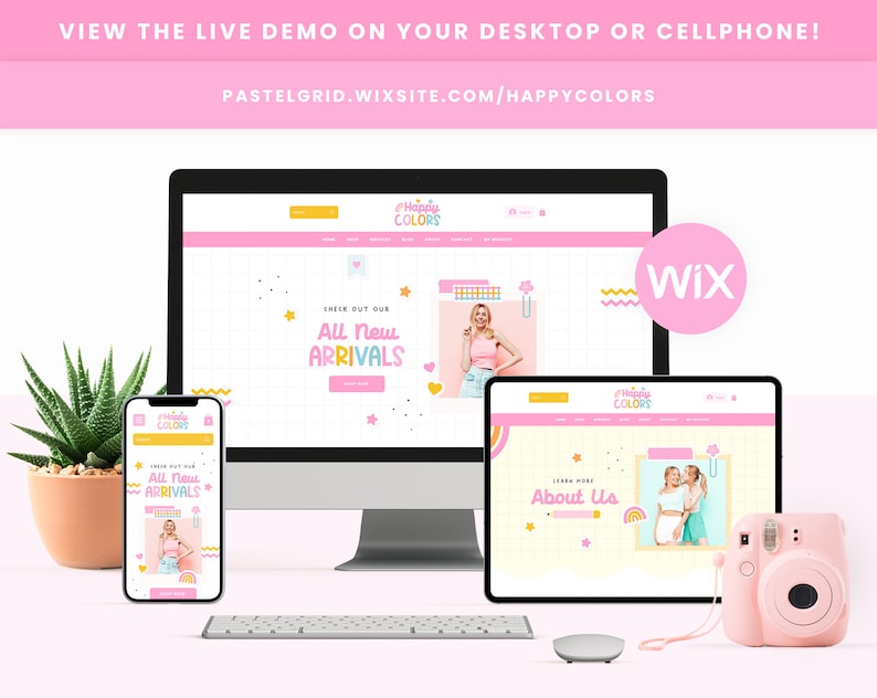 Wix Template in Rainbow Bright Happy Colors Colorful Pink Blue Wix Website Theme, Editable Canva Customizable Web Shop Design Templates HPC image 2