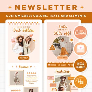 Könnte beinhalten: Eine Newsletter-Vorlage mit einem pfirsichfarbenen Hintergrund und braunen Akzenten. Die Vorlage enthält eine Verkaufsanzeige mit einem Rabatt von 30 %, einen Abschnitt, der die Bestseller hervorhebt, und einen Abschnitt, der Produktbewertungen zeigt. Die Vorlage ist anpassbar mit Farben, Texten und Elementen.