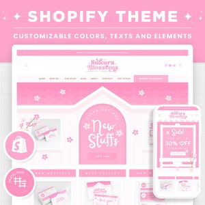 Shopify Theme Pink Sakura Cherry Blossoms Customizable Shopify Template Editable Canva Banners Boutique Aesthetic Design Shop Web Design SKB