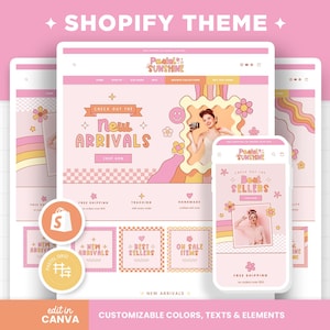 Shopify Theme Pink Pastel Groovy Rainbow Customizable Template Editable Canva Banners Retro Smiley Design Bright Colors Shop Design - PTS