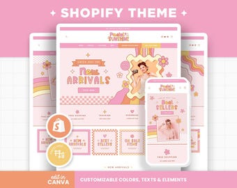 Tema de Shopify: Rosa Pastel, Arcoíris Groovy, Plantilla personalizable, Banners editables de Canva, Diseño de emoticonos retro, Colores brillantes, Diseño de tienda - PTS
