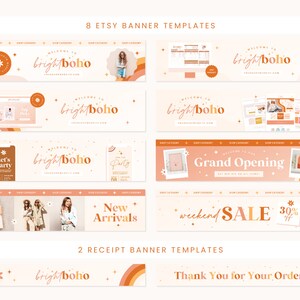 May include: Eight Etsy banner templates with a bright boho theme. The banners feature a variety of designs, including a welcome banner, a grand opening banner, a new arrivals banner, and a weekend sale banner. The banners are all in a bright and colourful style with a boho aesthetic. Two receipt banner templates are also included, featuring the text "brightboho" and "Thank You for Your Order".