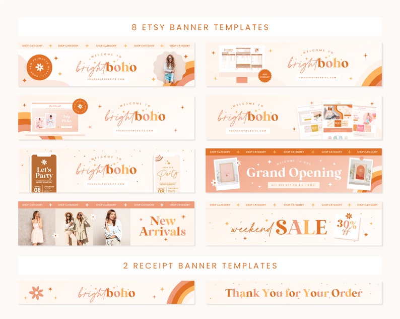 May include: Eight Etsy banner templates with a bright boho theme. The banners feature a variety of designs, including a welcome banner, a grand opening banner, a new arrivals banner, and a weekend sale banner. The banners are all in a bright and colourful style with a boho aesthetic. Two receipt banner templates are also included, featuring the text "brightboho" and "Thank You for Your Order".
