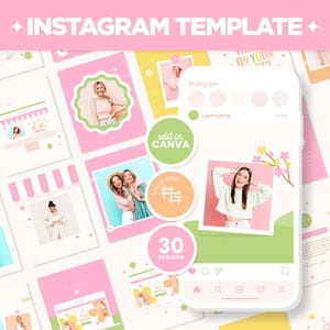 Modelo de postagens do Instagram Pacote de arco-íris colorido de primavera em histórias de retrato quadrado Canva editável rosa fofo pastel mídia social - SCO