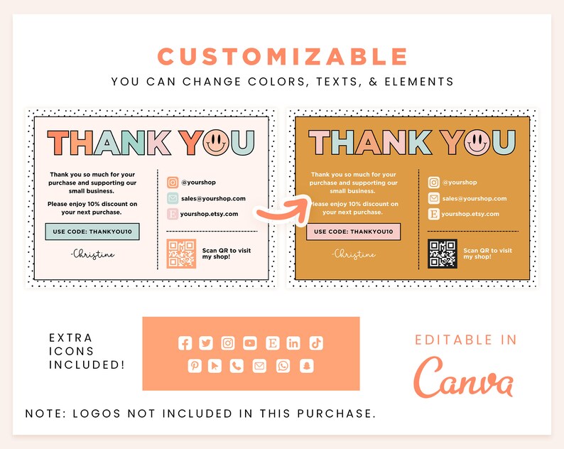 Thank You Card Template Editable in Boho Pastel Groovy Rainbow Colors ...