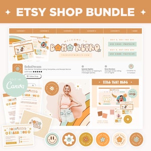 Etsy Shop Bundle - Banner Templates, Listing Photos, and Receipt Banner in Boho Retro Collection, Editable Canva Templates Etsy Kit - BRT