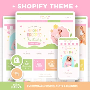 Shopify Theme Spring Colorful Customizable Colors Shopify Template Editable Canva Banners Shop Feminine Bright Aesthetic Pastel Design - SCO