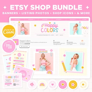 Etsy Shop Banner Templates Rainbow Bright Happy Colors Aesthetic Etsy Branding Kit Template Editable Canva Banner Mockup Shop Bundle - HPC
