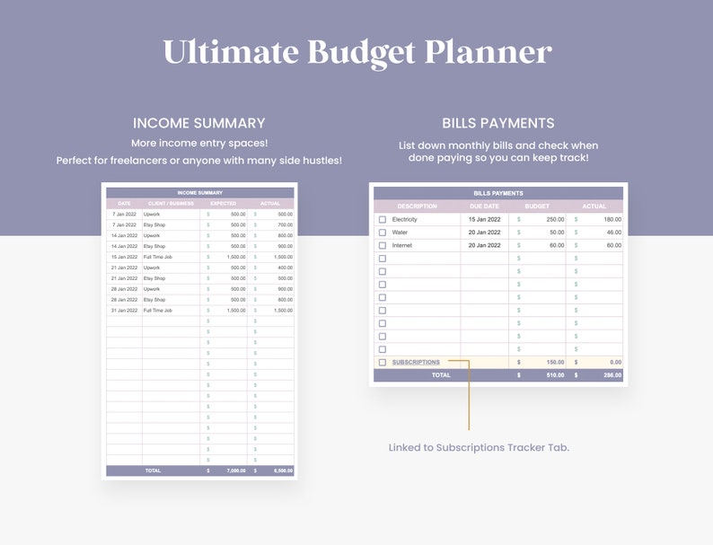 Purple Budget Spreadsheet Extended Digital Budget Planner Etsy