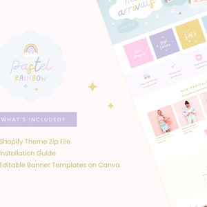 K&ouml;nnte beinhalten: Eine Shopify-Website-Vorlage im Pastell-Regenbogen-Design mit einem wolkenf&ouml;rmigen Logo und dem Text "Pastel Rainbow". Die Website verf&uuml;gt &uuml;ber ein Banner mit dem Text "Neue Ank&uuml;nfte" und einen Bereich f&uuml;r "Bestseller".