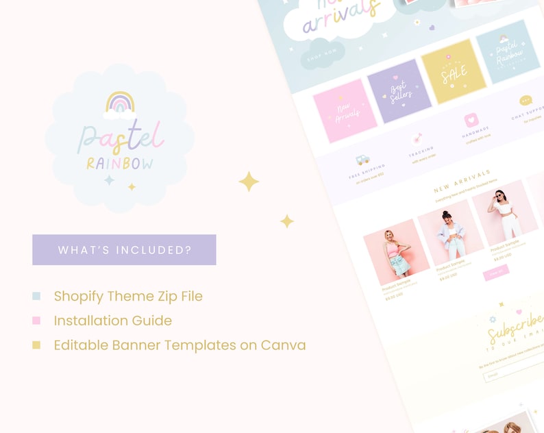 K&ouml;nnte beinhalten: Eine Shopify-Website-Vorlage im Pastell-Regenbogen-Design mit einem wolkenf&ouml;rmigen Logo und dem Text "Pastel Rainbow". Die Website verf&uuml;gt &uuml;ber ein Banner mit dem Text "Neue Ank&uuml;nfte" und einen Bereich f&uuml;r "Bestseller".