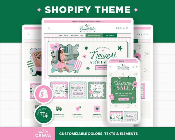 Shopify Theme Green and Pink Colors Customizable Shopify Template Editable Canva Banners Pickleball or Sporty Aesthetic Theme Design - CSA