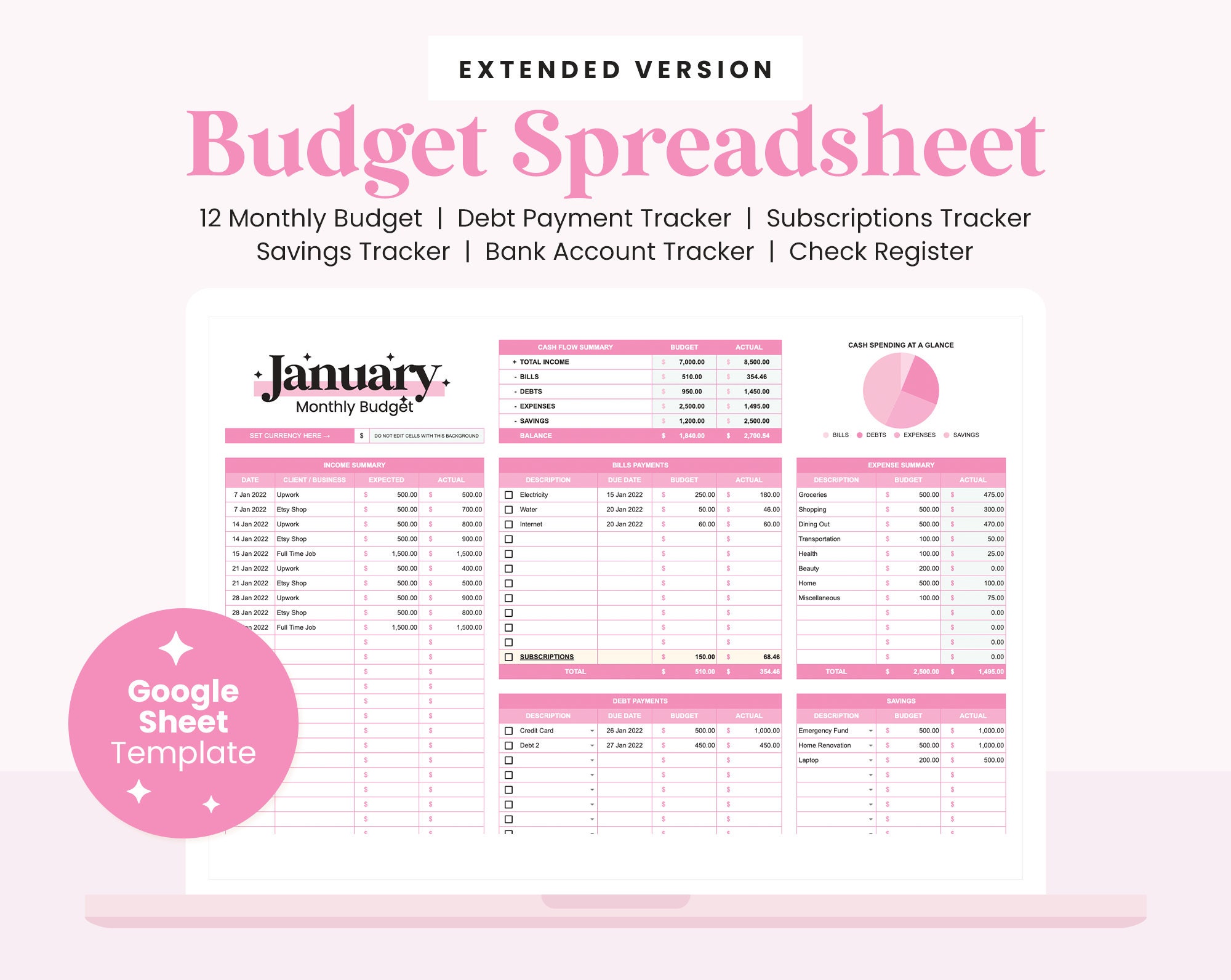 Pink Budget Spreadsheet Extended Digital Budget Planner Etsy