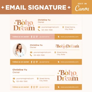 May include: Email signature template with a boho theme. The template features a stylized logo with the text "Boho Dream" in a peach and gold color scheme. The template also includes a contact section with the name Christine Yu, owner, email address, phone number, and social media links. The template has a light brown background.
