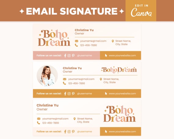 Email Signature Template Editable in Canva, Boho Beige Brown Gold Customizable E-mail Signature Design - BDR