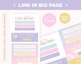 Link in Bio Canva Editable Template  in Pastel Rainbow Colors - Instagram Link Landing Page - Cute Soft Pastel Link in Bio Page Design - PRB